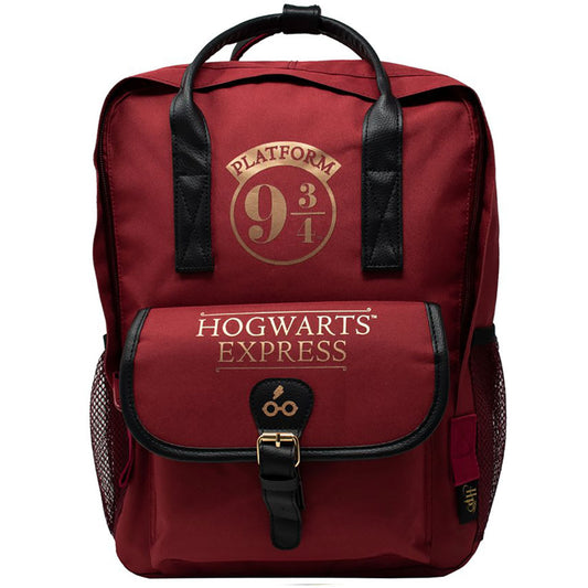 Premium burgundy backpack featuring the 9 &amp; 3 Quarters sign in gold print, Magnetic buckle design front pocket and two side pockets