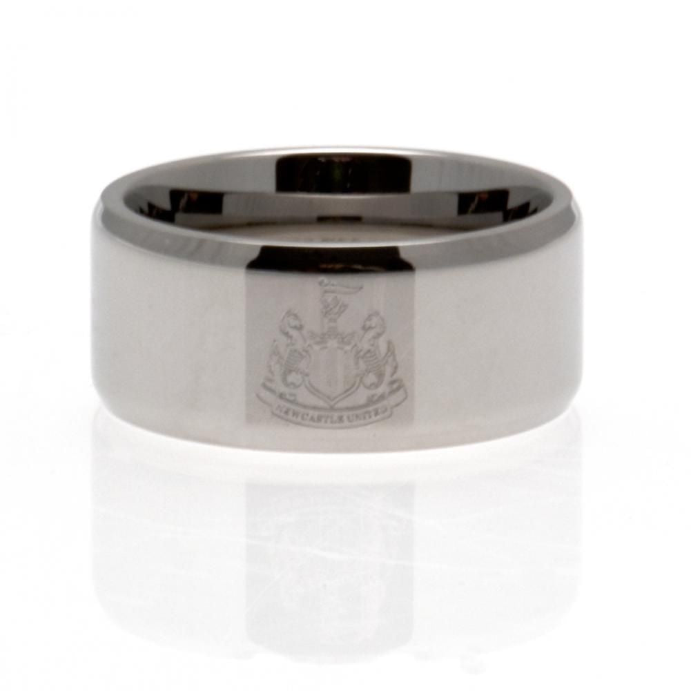 Classic stainless steel band ring with a bevelled edge, Chrome finish and engraved with the Newcastle club crest