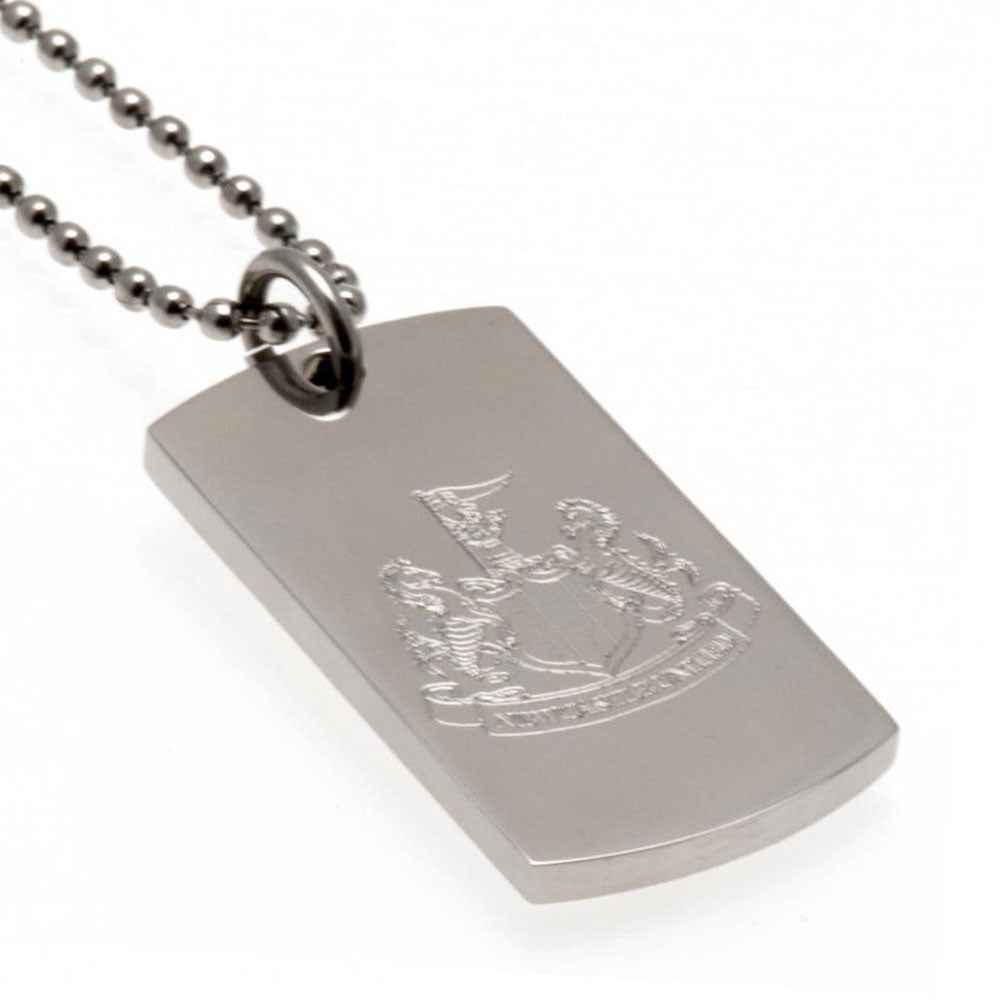 Classic design stainless steel dog tag and ball chain, Chrome finish and engraved with the Newcastle crest