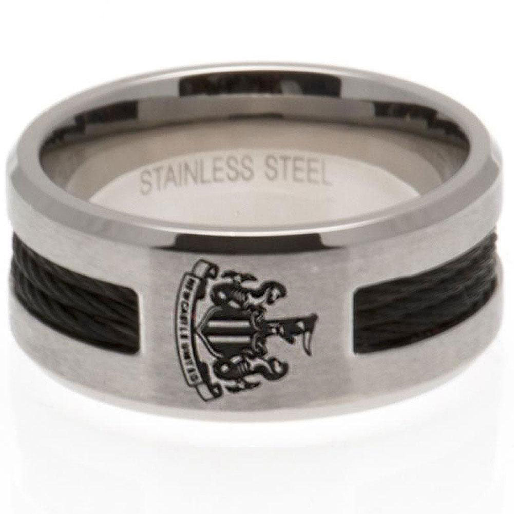 Stainless steel ring featuring a black rope insert, Brushed satin finish and engraved with the Newcastle crest