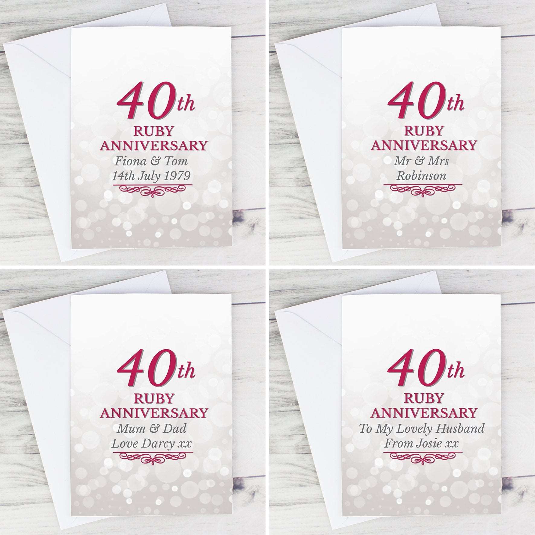 4 examples of 40th Ruby Anniversary personalised card By Sweetlea Gifts