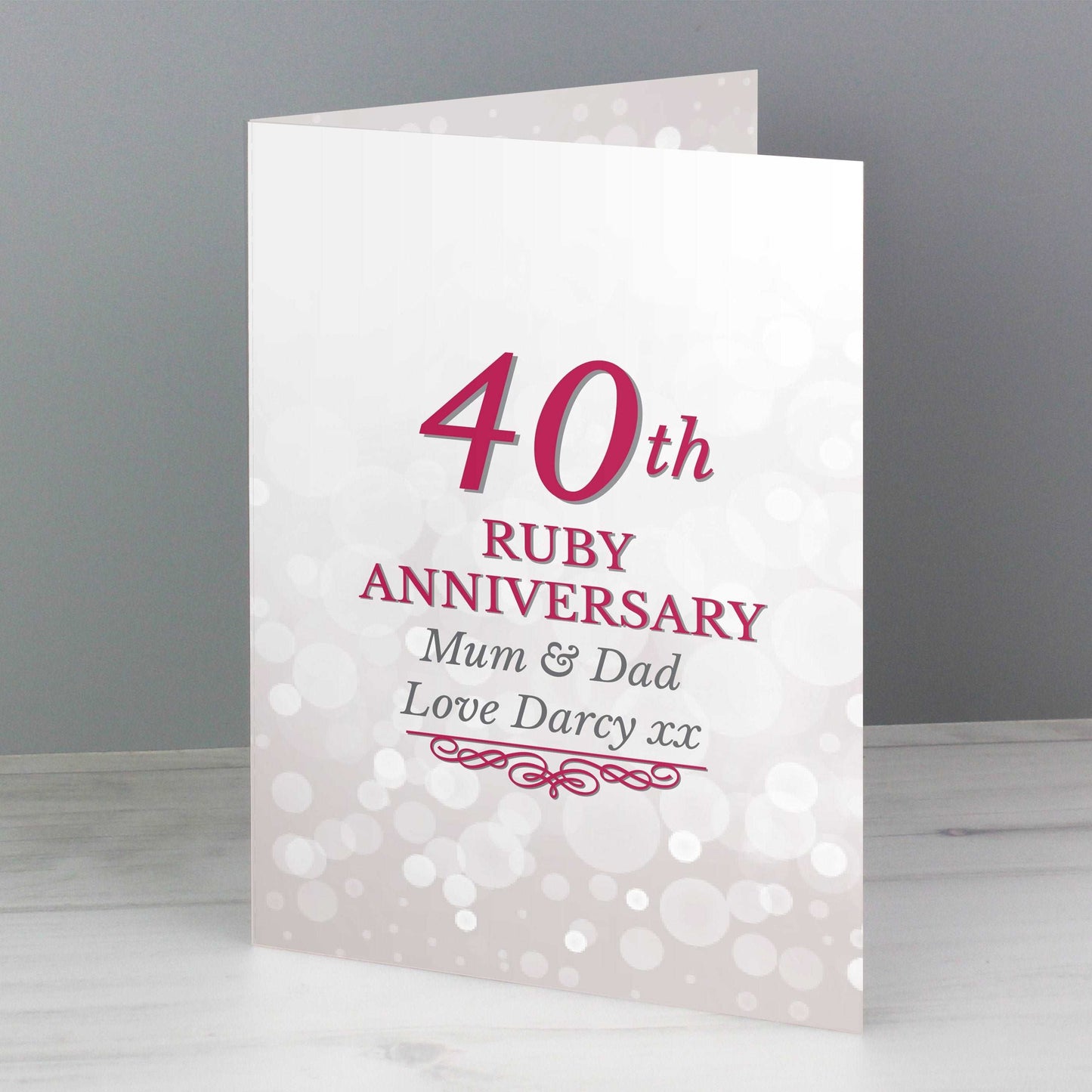 White card with ruby red 40th Ruby Anniversary personalised with names and message By Sweetlea Gifts