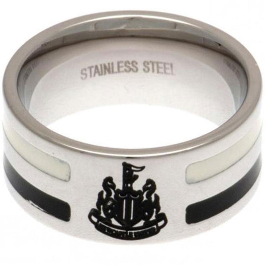 Stainless steel ring featuring black and white colour inserts, Chrome finish and engraved with the Newcastle crest