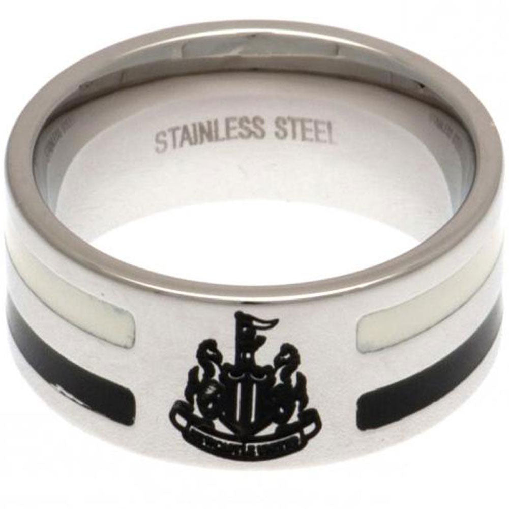 Stainless steel ring featuring black and white colour inserts, Chrome finish and engraved with the Newcastle crest