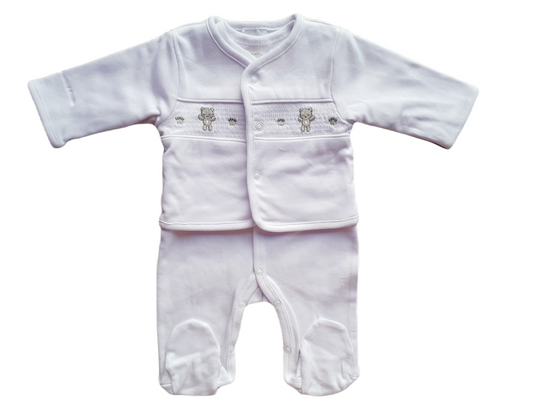 White Bear & paw print Babygrow & Smocked jacket set