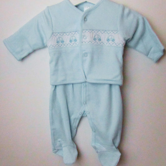 Blue Car Babygrow & Smocked Jacket set