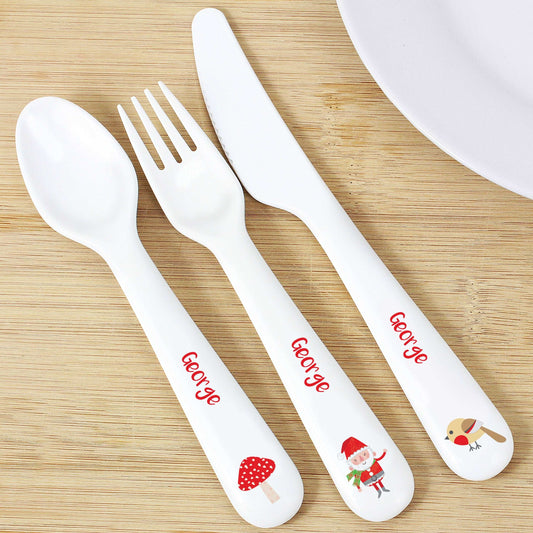 Christmas Toadstool Santa 3 Piece Plastic Cutlery Set-Personalised Gift By Sweetlea Gifts