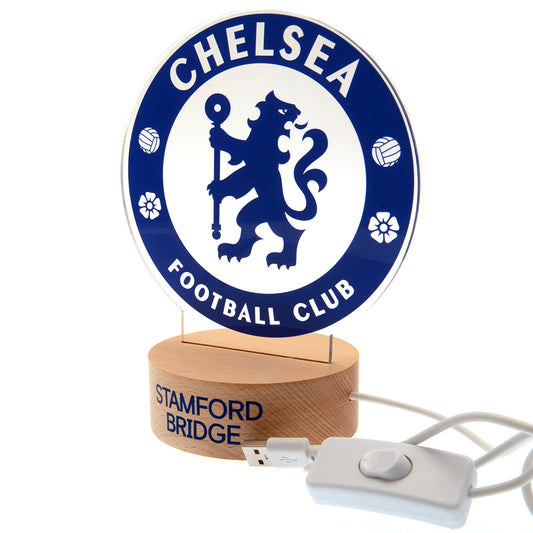 LED desk light with a wooden base and clear plastic insert featuring the Chelsea crest