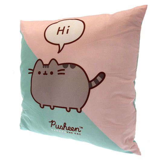 Vibrant cushion featuring Pusheen saying Hi