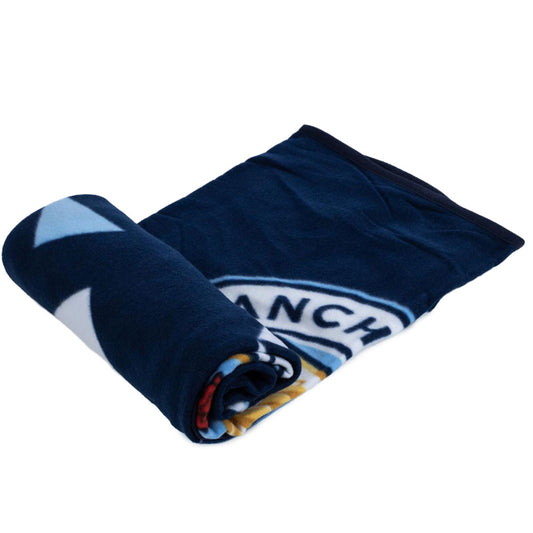 Navy blue particle design soft and warm fleece blanket, Features a large full colour Man City club crest