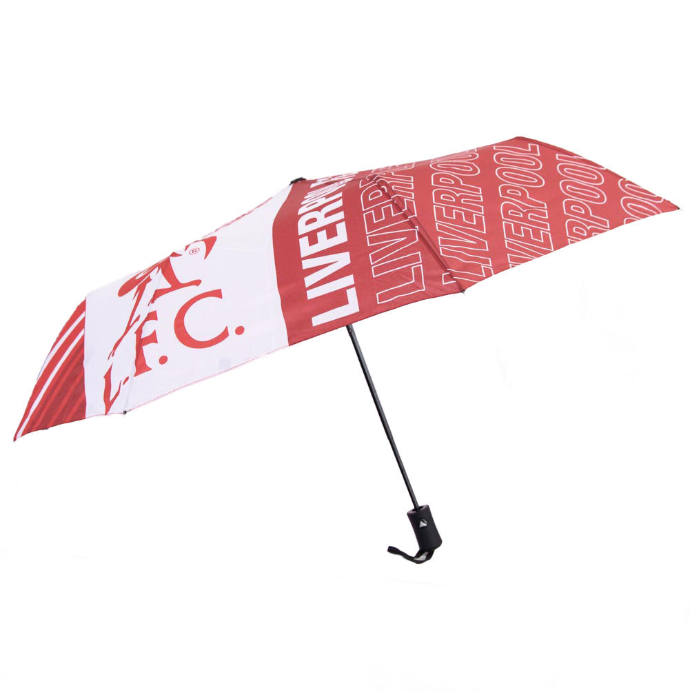 Red and white umbrella with LFC and YNWA branding throughout