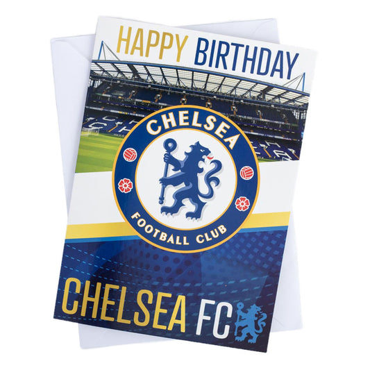 Vibrant blue gloss finish birthday card with a large Chelsea crest