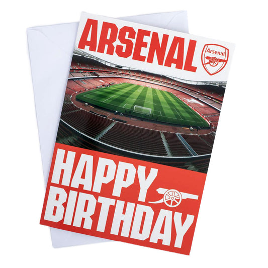 Vibrant red gloss finish birthday card with a large Arsenal crest