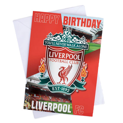 Vibrant Red and white gloss finish birthday card with a large Liverpool crest