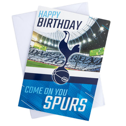 Vibrant blue gloss finish birthday card with a large Spurs crest