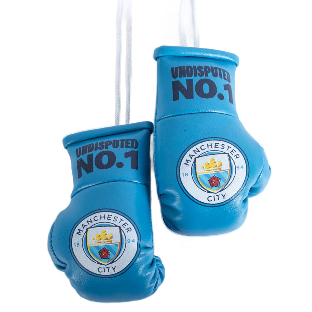 Pair of detailed mini boxing gloves with laces, Blue gloves with a City crest and Undisputed No. 1 text