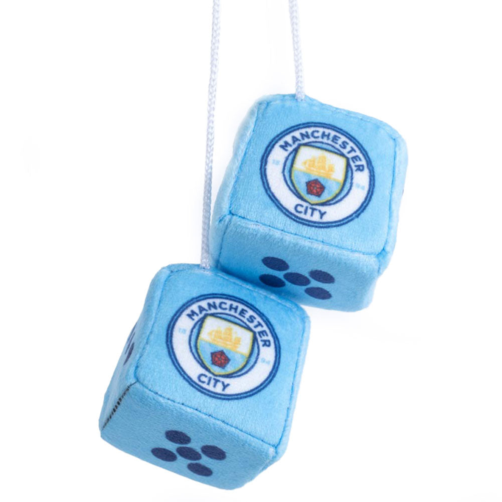 Pair of soft blue and white dice featuring the City crest, Comes with a woven string ready for hanging at home or in your car