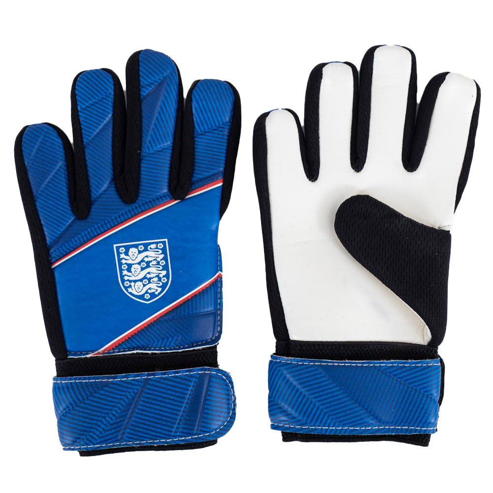 Blue delta design goalkeeper gloves featuring the England crest in white, With a latex foam palm and lightweight foam backing