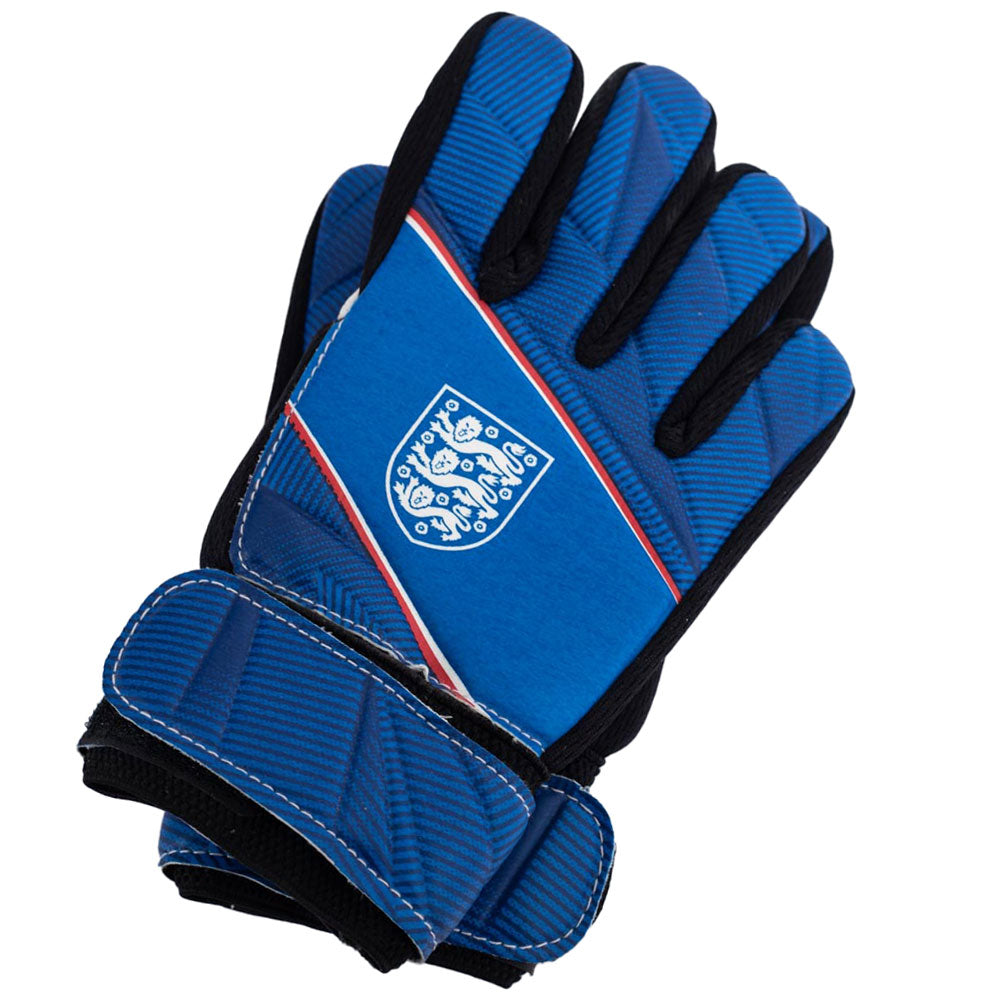 Blue goalkeeper gloves featuring the England crest in white