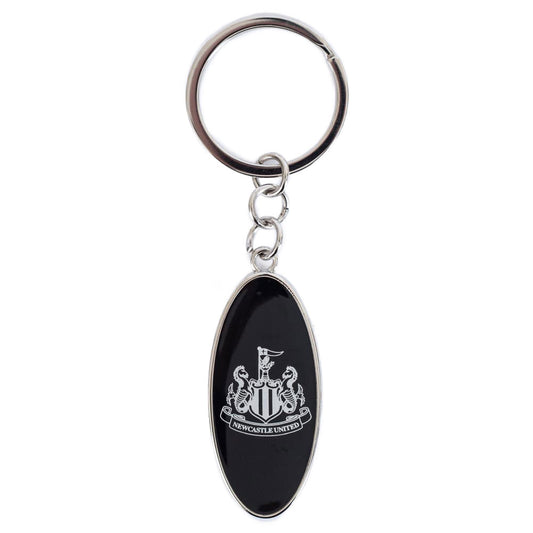 Metal oval shaped robust keyring with a chain a split ring, Black keyring with a silver NUFC crest printed on the front