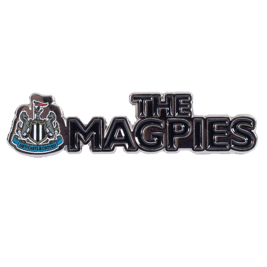 Metal The Magpies text pin badge, Die stamped design with full colour infil