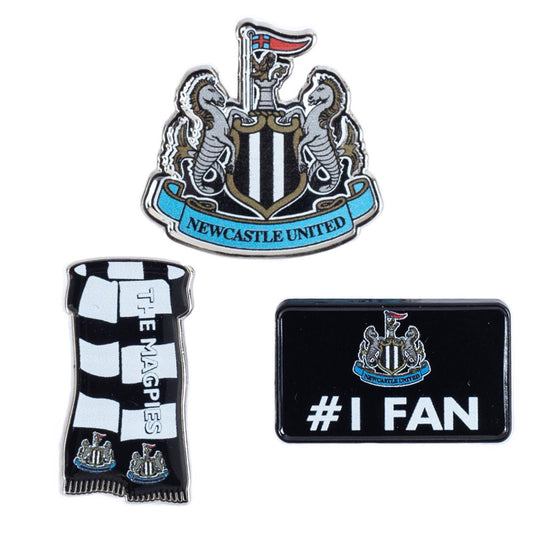 Metal pin badge set featuring a full colour club cres, supporters scarf and #1 Fan, Die stamped design with full colour infill