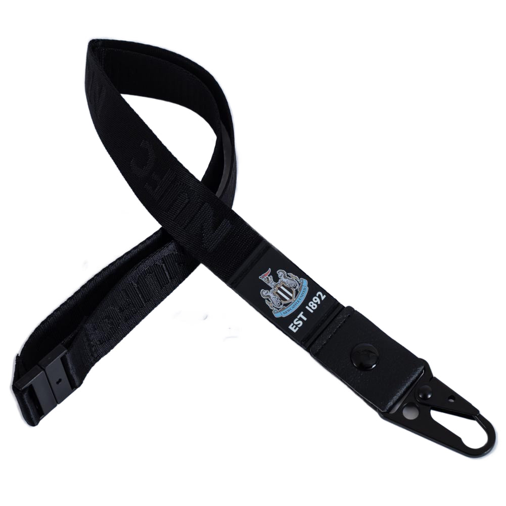 Black nylon lanyard with woven NUFC text, With a rubber club crest tag detail and a sturdy metal snap hook