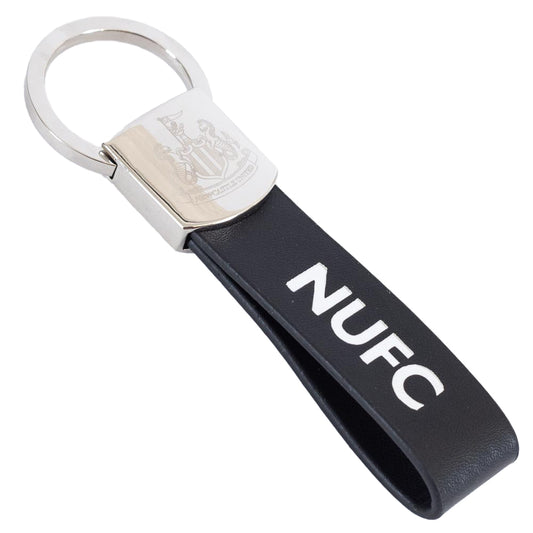 Newcastle United FC leather strap keyring complete with NUFC embossed on the strap, Engraved metal keeper top with the Newcastle United FC crest and leather strap design