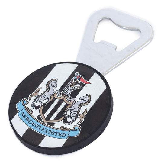 Rubber handled magnetic bottle opener, Featuring a full colour Newcastle crest on a stripe background