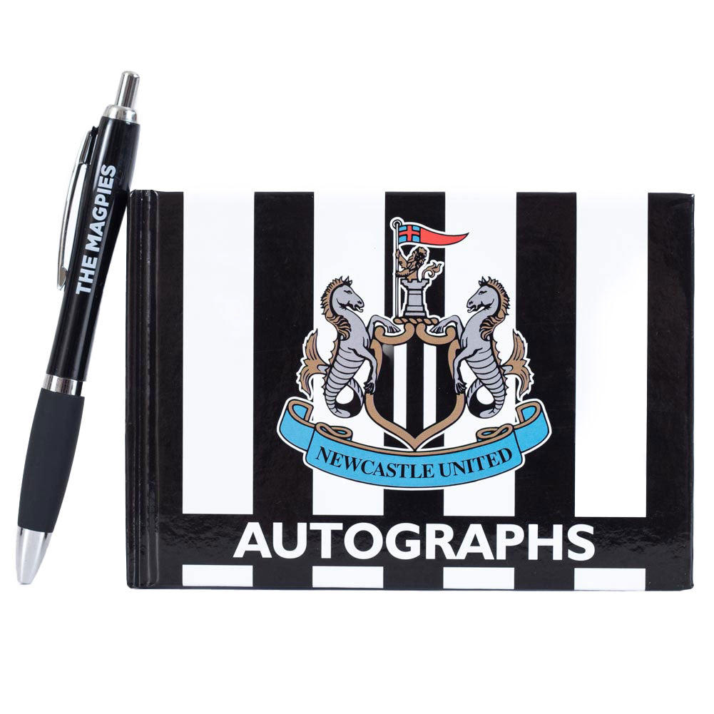 Black and white striped Autographs book with a full colour crest on the front, Includes a ballpoint pen complete with THE MAGPIES text on the barrel