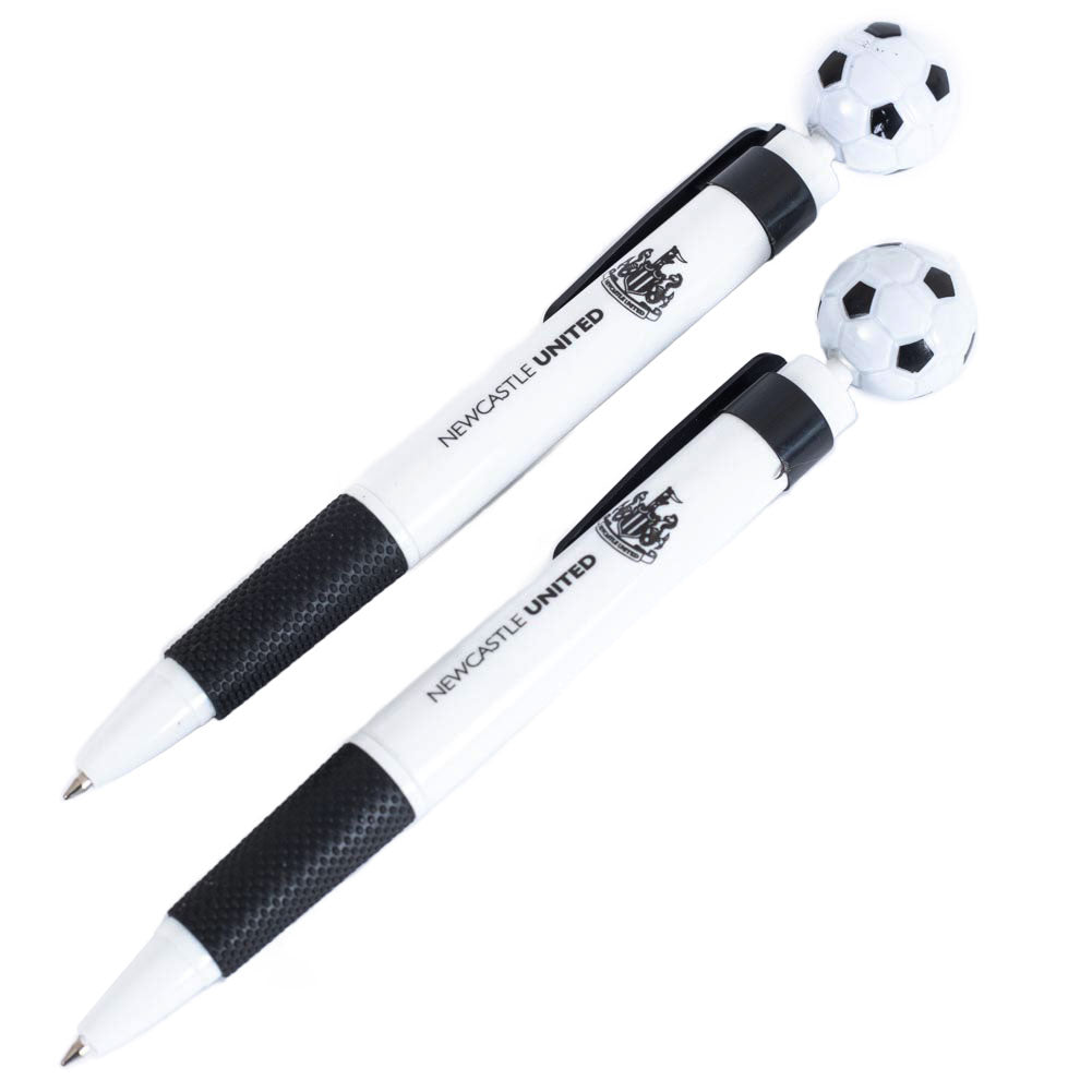 Pack of 2 black and white retractable ballpoint pens , With Newcastle United text, a black club crest and complete with football topper detail