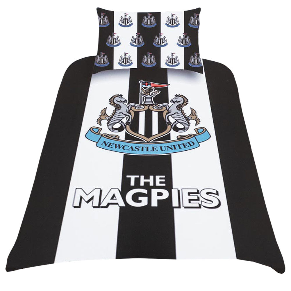 Stripe design duvet cover with a large club crest and The Magpies text, Pillowcase features a repeat crest pattern