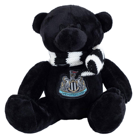 Soft to touch black plush bear, With stitched features and a large woven crest