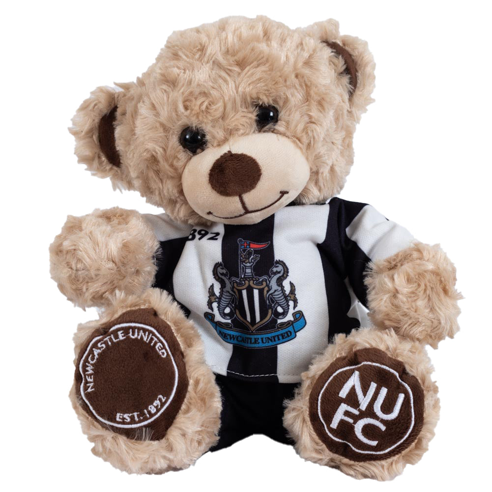 Classic style teddy bear with a friendly smile, Features the NUFC text and Newcastle United text in white on the paws