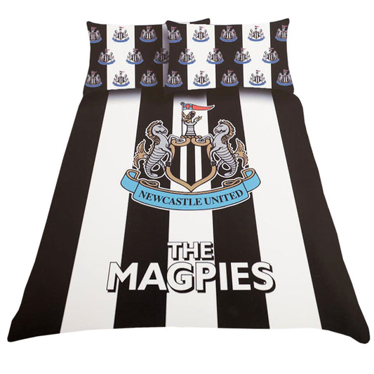 Stripe design duvet cover with a large club crest and The Magpies text