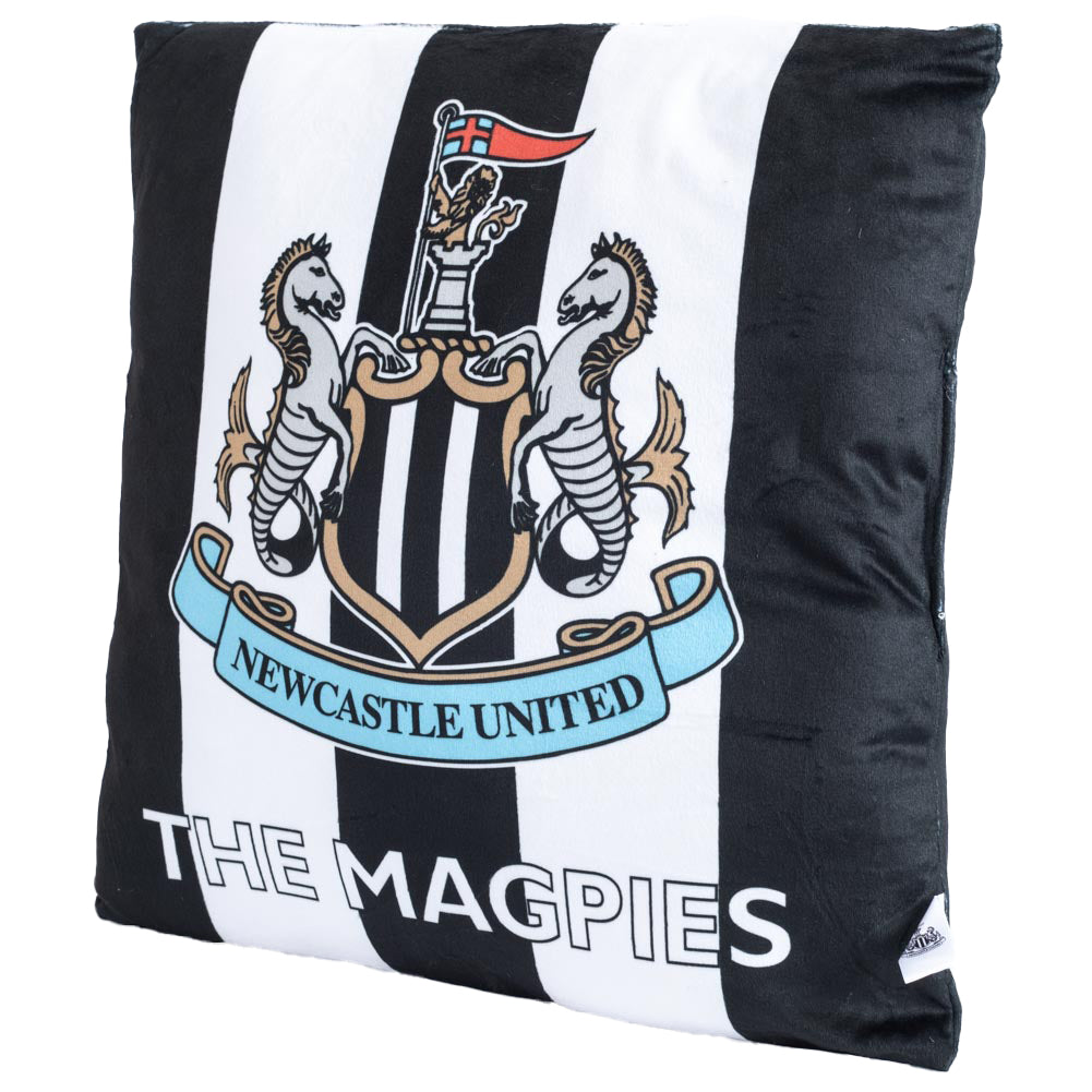 Black and white striped cushion featuring a full colour club crest, Features a full colour crest and The Magpies text on reverse