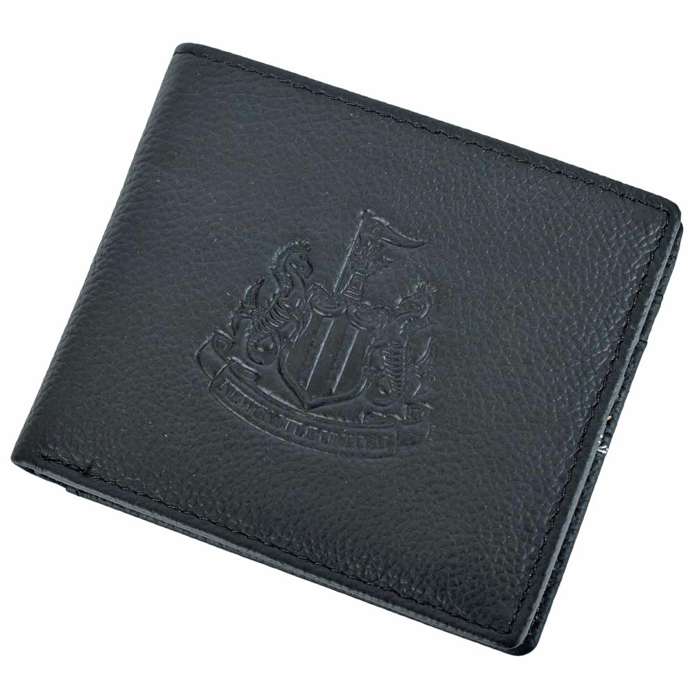 Black premium leather wallet with an embossed NUFC crest on the front and inside, 8 card slots and 2 note pockets