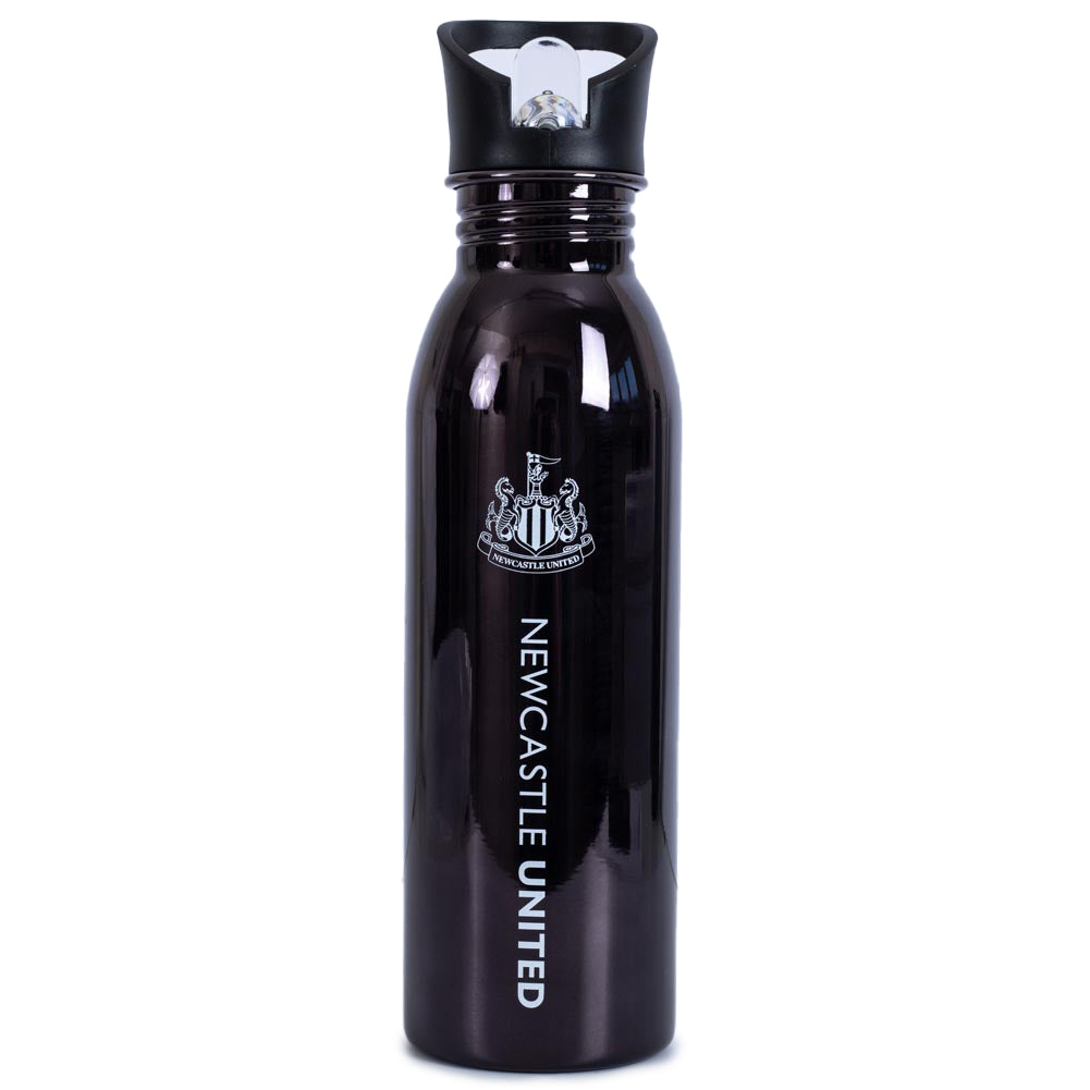 Stainless steel, high glass finish metallic camping style water bottle, Striking UV metallic finish with white Newcastle crest and text on black