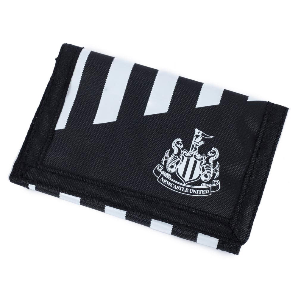 Black wallet featuring a white stripe design with a white Newcastle United crest on the front