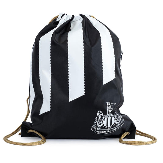 Black gym bag featuring a white stripe design and a white Newcastle United crest