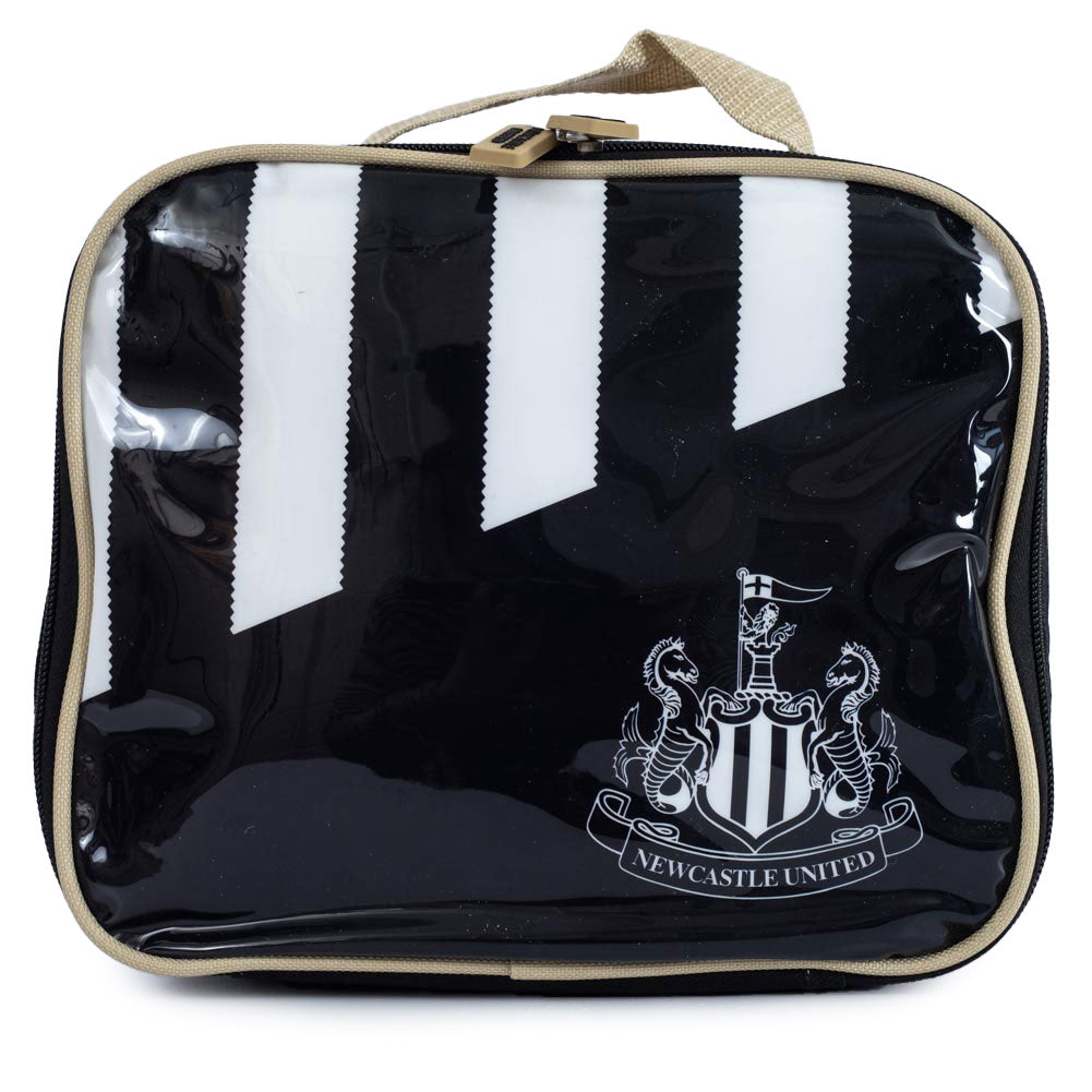 Black with white stripe design lunchbag with a white Newcastle United logo on the front