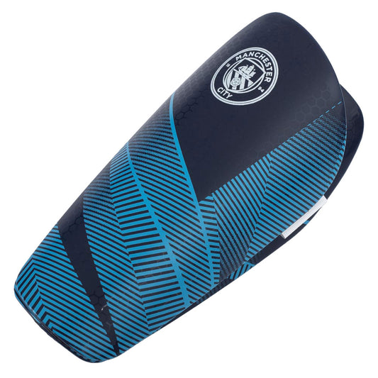 Blue fuse design slip in shin guards featuring a white City crest