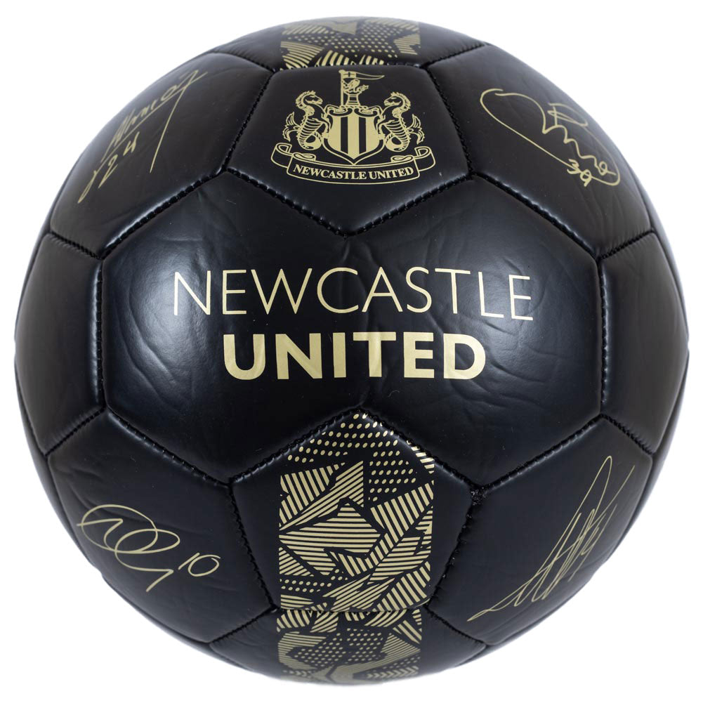 Matte black finish 32 panel synthetic football, Features a gold printed Newcastle crest and official player signature prints