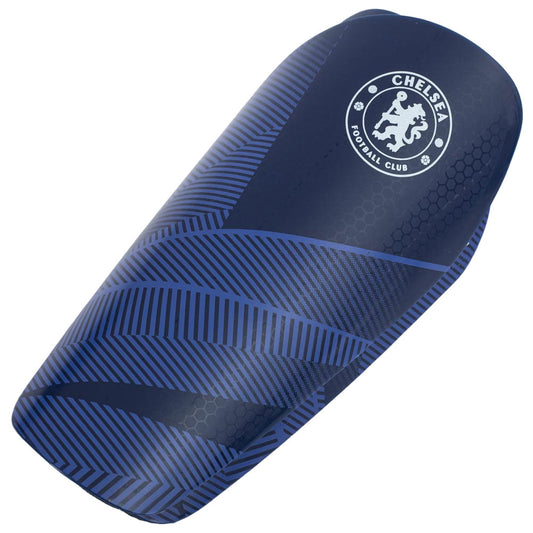 Blue fuse design slip in shin guards featuring a white Chelsea crest