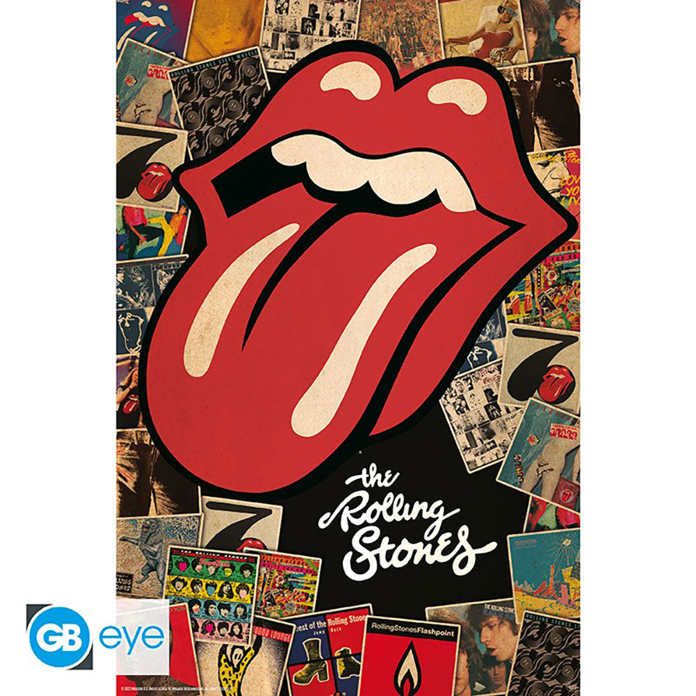 Rolled maxi poster, Featuring the famous Rolling Stones Hot Lips logo and a collage of album covers