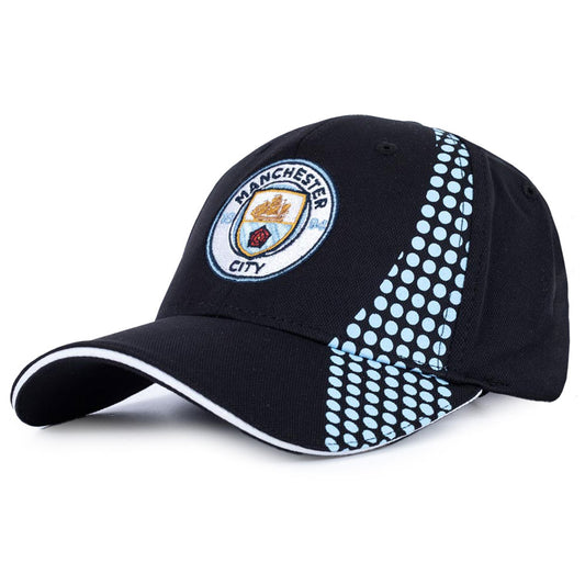 Black classic design curve brim hat with a sky blue dot detail down one side