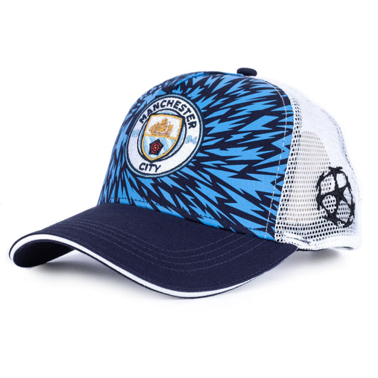 Bright blue classic design curve brim hat with striking detail on the front and a white mesh at the back