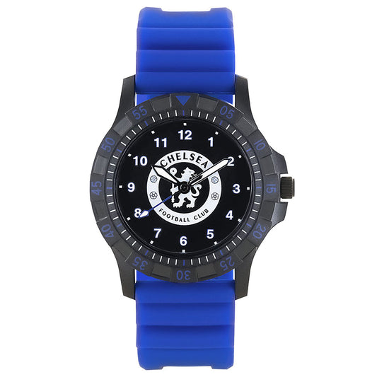 Black metal watch with a vibrant pantone blue silicone strap and a black stainless steel face and buckle