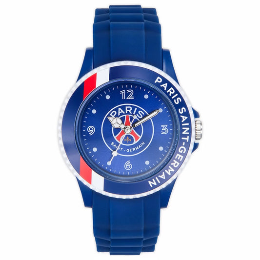 Black metal watch with a vibrant pantone blue silicone strap and a black stainless steel face and buckle