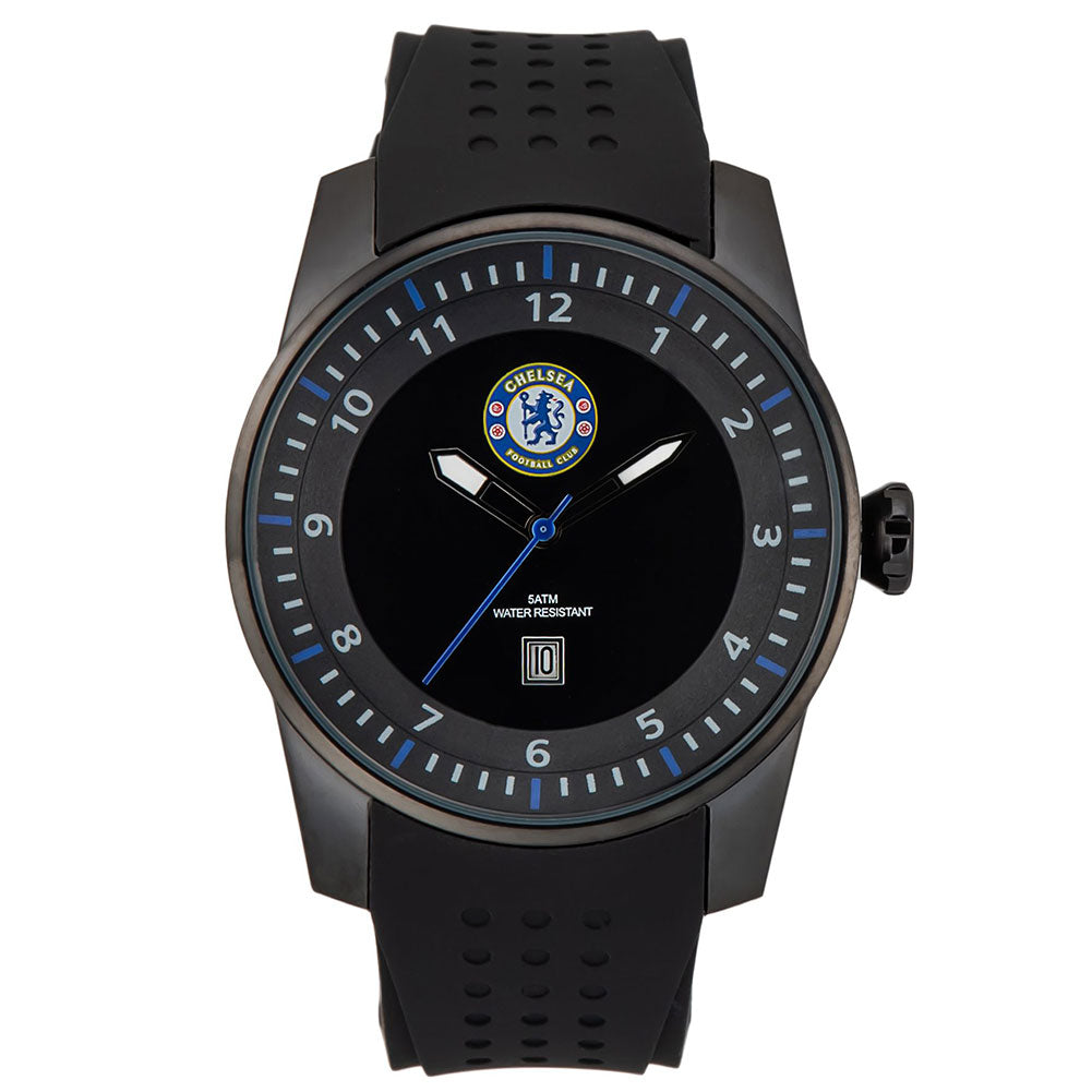 Black metal watch with a sleek black silicone strap, with a black stainless steel face and buckle